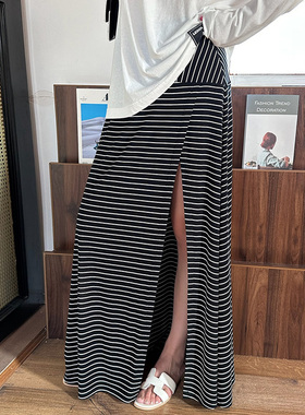 LEDIM WANG条纹开叉半身裙女夏黑色针织半裙2025新款裙子气质长裙