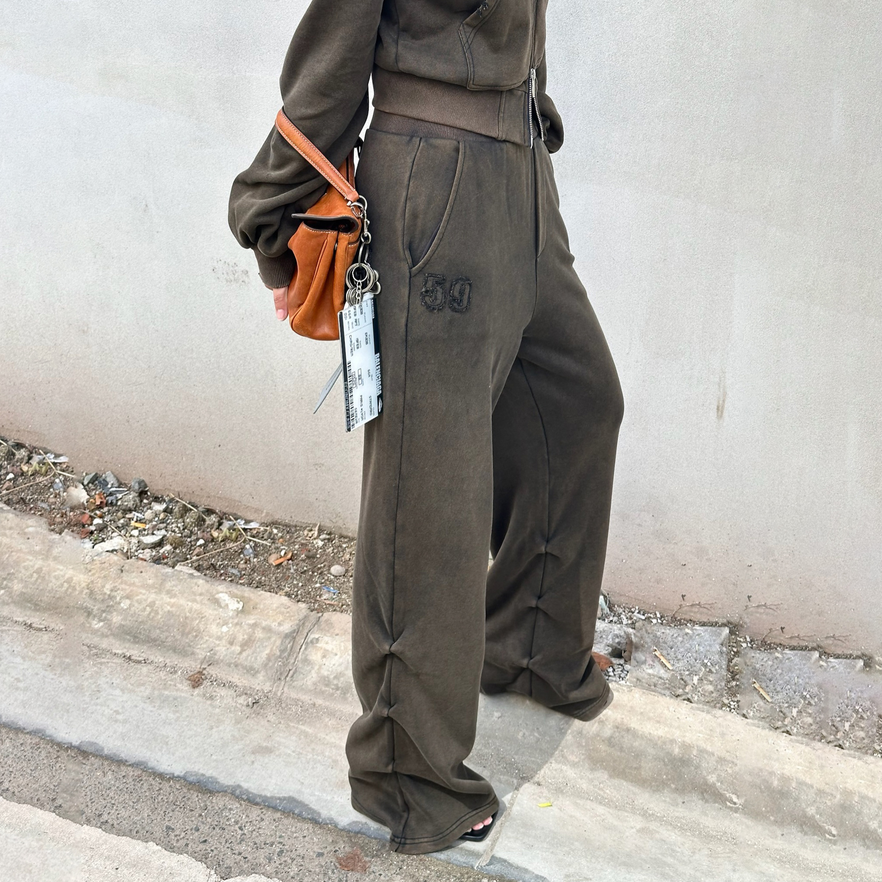 LEDIM WANG红标/做旧刺绣宽松休闲裤卫裤女25秋新款洗水纯棉长裤