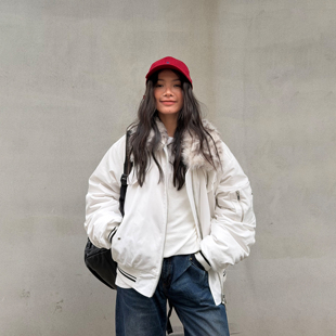 LEDIM 毛绒内胆女白色上衣 WANG动物纹毛领皮草棒球外套25秋冬新款