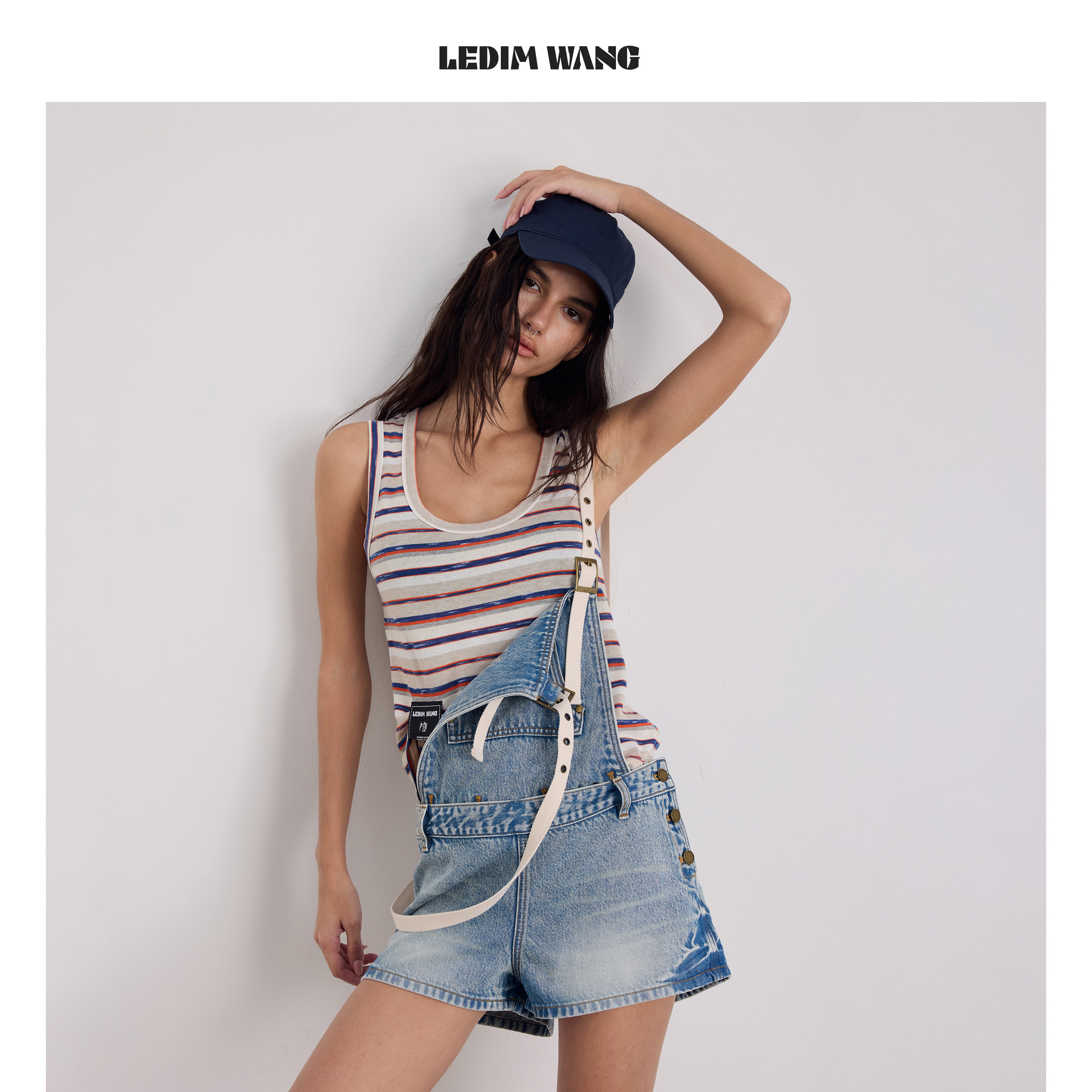 LEDIM WANG可拆卸背带牛仔裤女2026夏季新款浅蓝色百搭直筒短裤