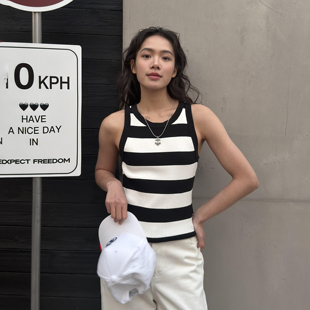外穿2026春夏新款 LEDIM WANG宽条纹针织工字背心女内搭黑白修身