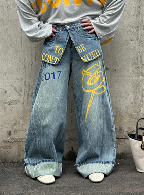 【梓渝宋亚轩同款】LEDIM WANG双腰搭片牛仔裤女25秋新款阔腿长裤