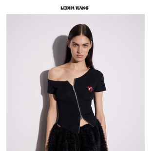 显瘦上衣26春夏新款 修身 WANG斜肩不对称拉链T恤女白色短袖 LEDIM