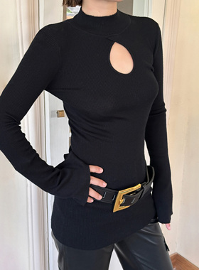 LEDIM WANG黑标/性感风羊毛长款毛衣女黑色修身打底衫25秋季新款