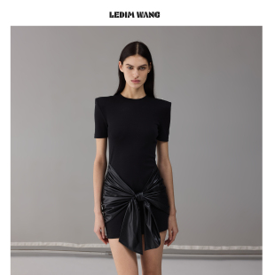 高智短裙2026春夏新款 LEDIM WANG蝴蝶结收腰连衣裙女黑色扭结修身