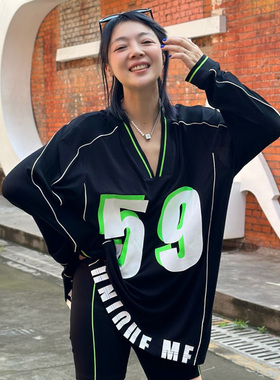 【明星同款】LEDIM WANG美式防晒衫印花女夏季新款长袖黑色T恤