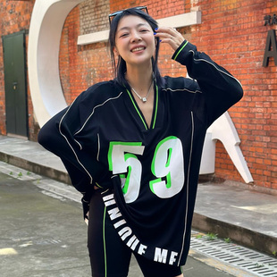 WANG美式 LEDIM 防晒衫 印花女春夏新款 黑色T恤 长袖 明星同款