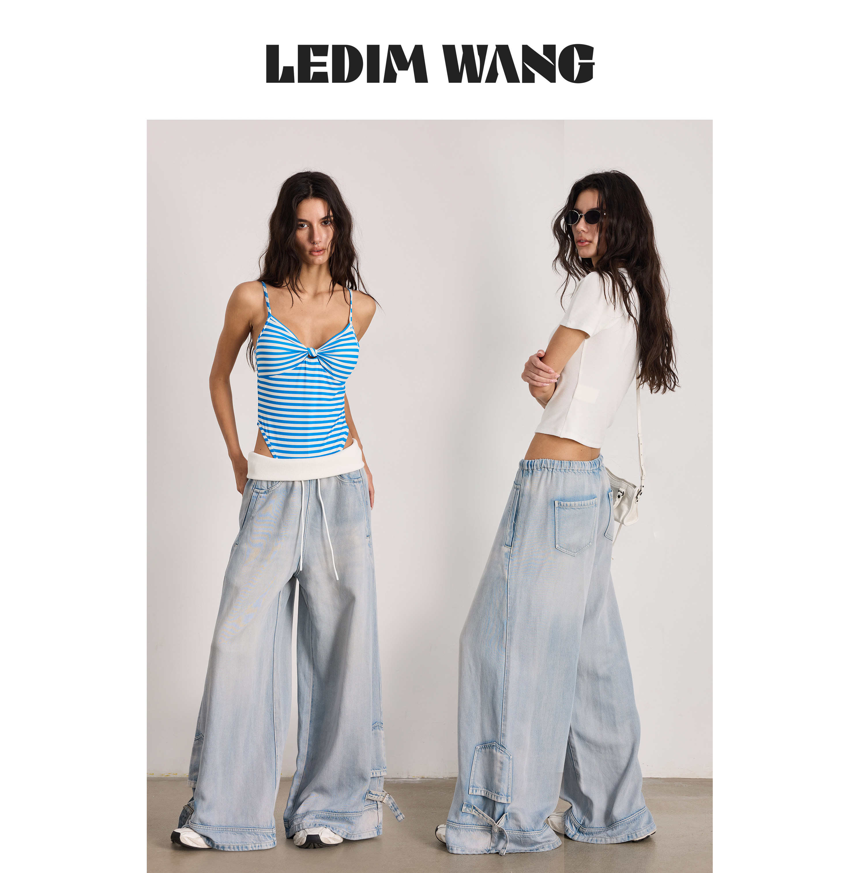 LEDIM WANG可拆腰封垂感阔腿牛仔裤女26夏新款浅蓝松紧腰宽松长裤