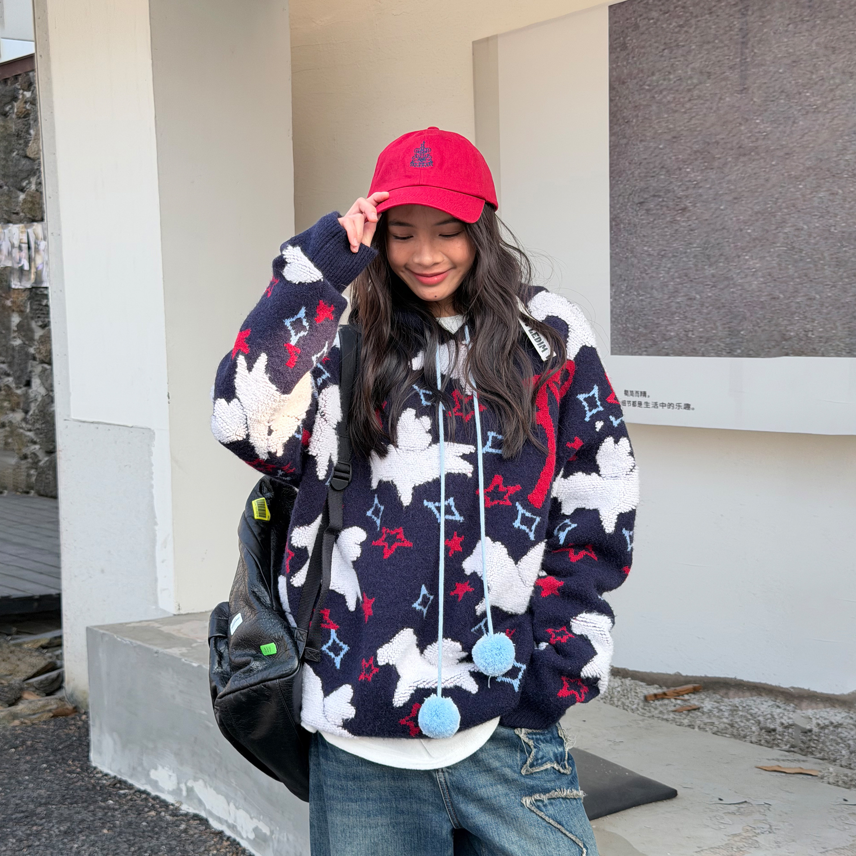 LEDIM WANG小马连帽套头毛衣女立体提花藏青色长袖上衣25秋冬新款