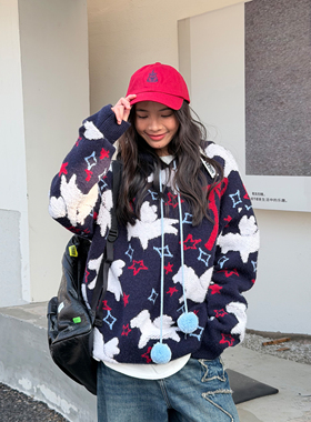 LEDIM WANG小马连帽套头毛衣女立体提花藏青色长袖上衣25秋冬新款