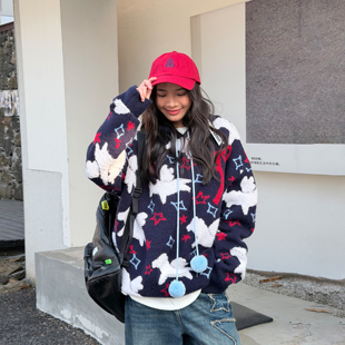 上衣25秋冬新款 LEDIM WANG小马连帽套头毛衣女立体提花藏青色长袖