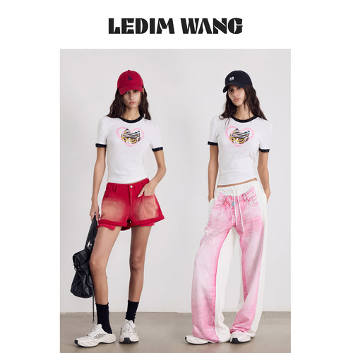 LEDIMWANG小猫印花撞色修身T恤