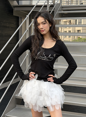 LEDIM WANGU领长袖毛针织衫女黑色莱赛尔羊毛修身上衣2026春新款