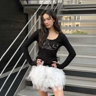 上衣2026春新款 LEDIM 女黑色莱赛尔羊毛修身 毛针织衫 WANGU领长袖