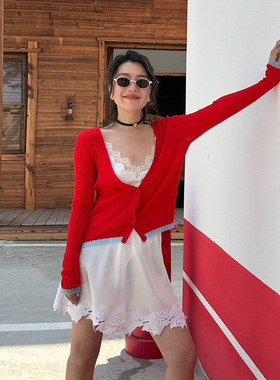 LEDIM WANG【白标系列】撞色木耳边针织开衫红色长袖上衣2025秋季