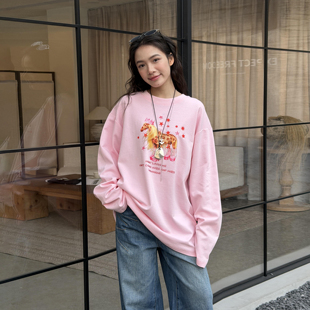 新款 LEDIM 宽松上衣2026春季 马年豹纹T恤女粉色新年战袍长袖 WANG