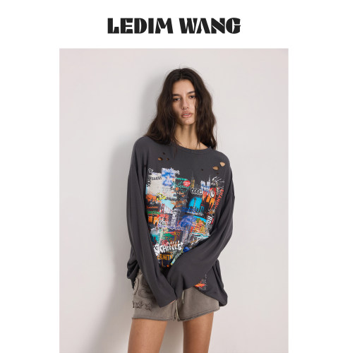 LEDIMWANG莱赛尔破洞印花T恤