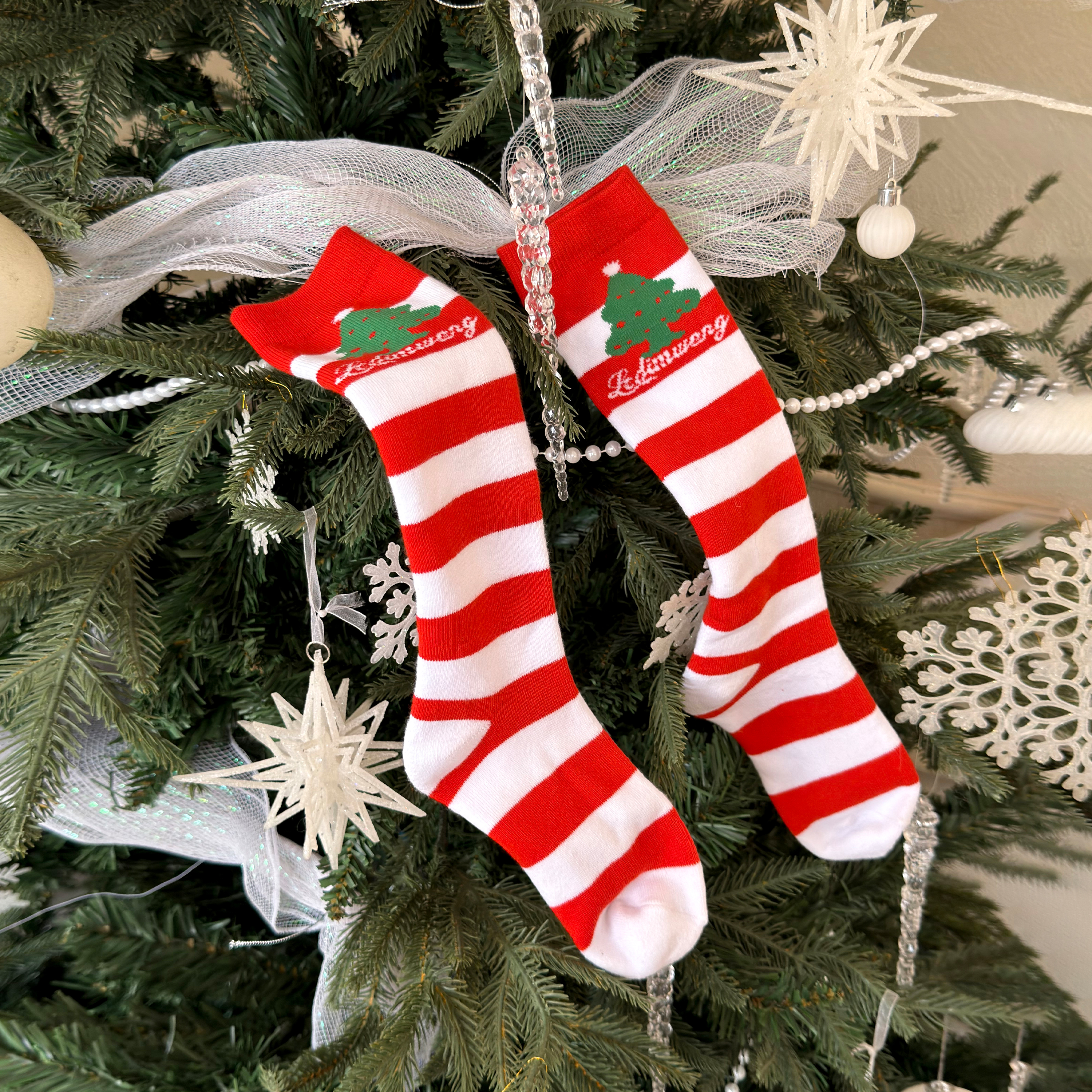 【圣诞系列】LEDIM WANG圣诞树印花红色条纹中筒袜