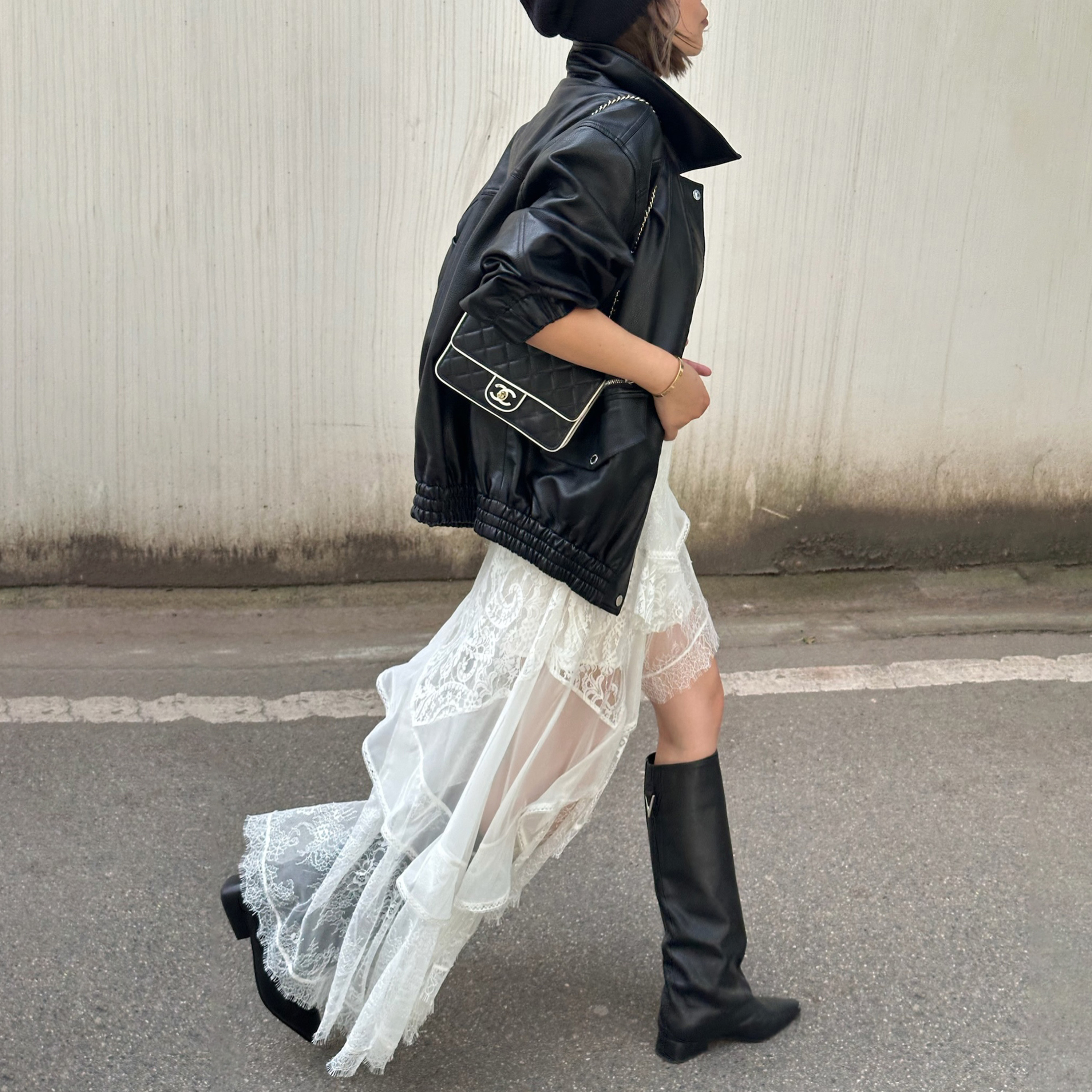 LEDIM WANG白标/不对称口袋宽松仿皮衣女黑色夹克外套25冬季新款