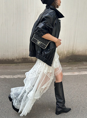 LEDIM WANG白标/不对称口袋宽松仿皮衣女黑色夹克外套25冬季新款