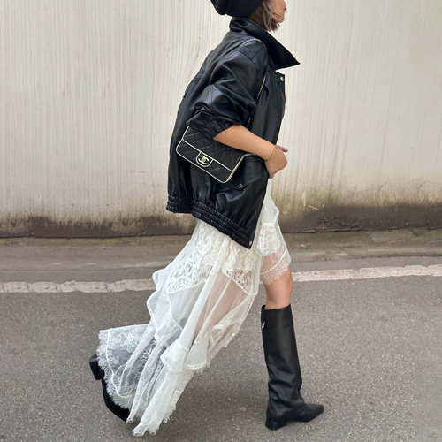 LEDIM WANG白标/不对称口袋宽松仿皮衣女黑色夹克外套25冬季新款