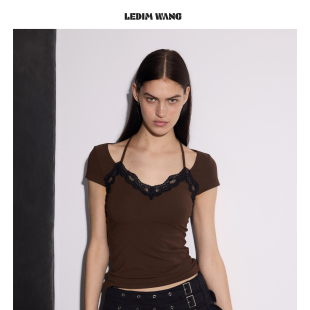 显瘦挂脖上衣26春夏新款 LEDIM WANG假两件蕾丝吊带T恤女咖色短袖
