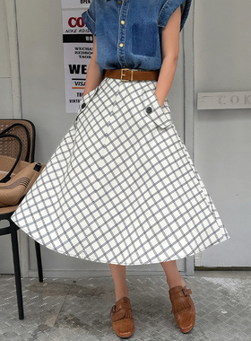 LEDIM WANG【黑标系列】白色格纹双面半身裙女夏大摆半裙2025新款