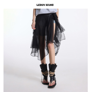 短裙2026春夏次新款 LEDIM WANG双层裙瓣绑带搭片屁帘女黑色薄款