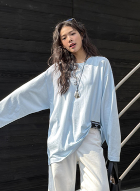 LEDIM WANG 捏褶素色长袖T恤女蓝色宽松内搭休闲上衣2026春夏新款