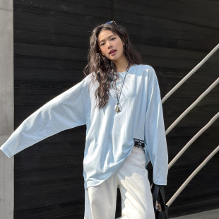 T恤女蓝色宽松内搭休闲上衣2026春夏新款 捏褶素色长袖 WANG LEDIM