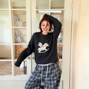 手工钉珠毛衣女小马印花慵懒保暖上衣25秋冬新款 LEDIM WANG白标