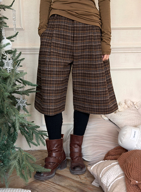 LEDIM WANG复古学院风羊毛格纹中裤女棕色百搭休闲裤2025秋冬新款