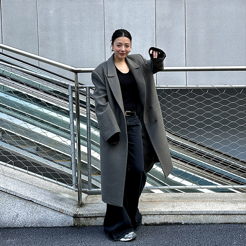 LEDIM WANG极简低腰线毛呢外套女秋季新款长款高级感过膝大衣