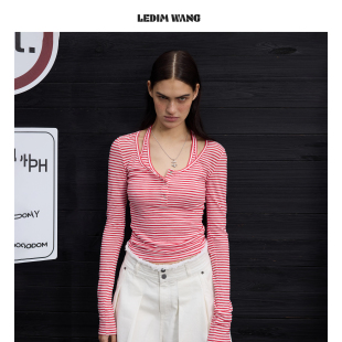 上衣2026春夏新款 长袖 WANG假两件挂脖T恤女红条纹百搭修身 LEDIM