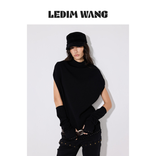 LEDIM WANG半高领斗篷黑色毛针织衫女款袖套宽松百搭上衣26秋新款