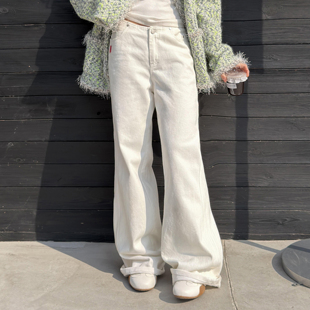 LEDIM WANG低腰微喇牛仔裤女白色显瘦立体梗纯棉长裤2026春夏新款