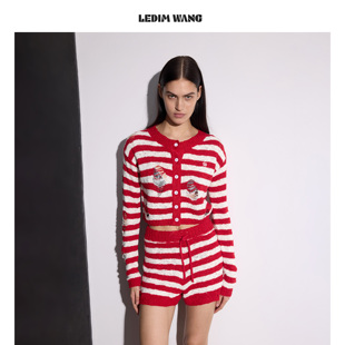 WANG破洞流苏红白条纹针织开衫 女26春夏新款 短裤 套装 时尚 LEDIM