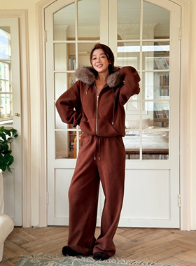 LEDIM WANG巴恩风摇粒绒休闲裤女刺绣羊羔毛阔腿长裤25秋冬新款