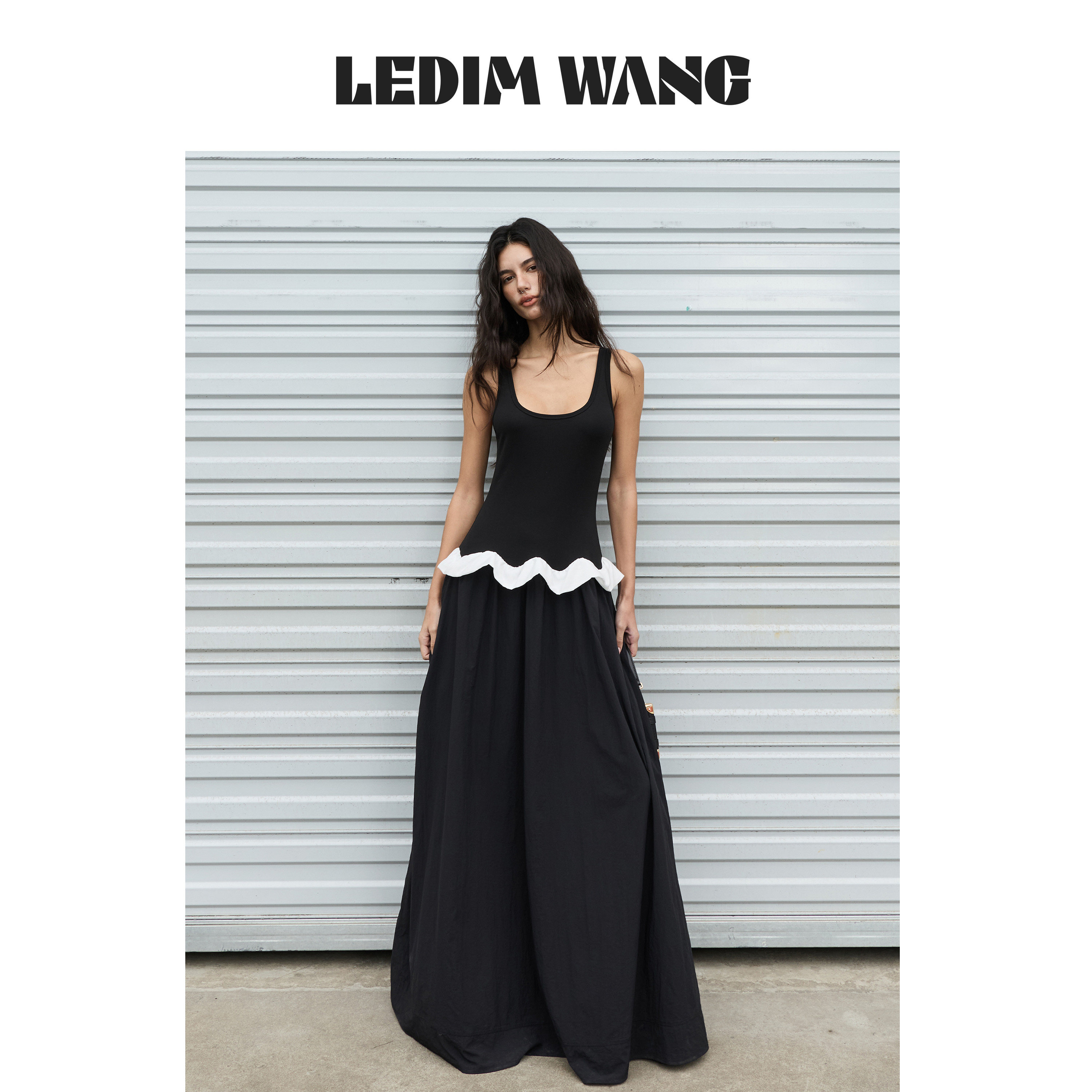 LEDIMWANG黑色荷叶边连衣裙女图片