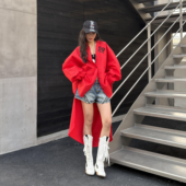 2026春夏新款 LEDIM 薄款 防晒衬衫 WANG印花拖尾长款 衬衣女红色长袖