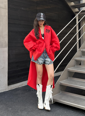 LEDIM WANG印花拖尾长款衬衣女红色长袖薄款防晒衬衫2026春夏新款