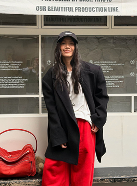 LEDIM WANG白标/不对称绵羊毛开叉大衣女西服25秋冬新款毛呢外套