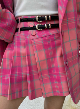 【孟子义同款】LEDIM WANG百褶半裙女夏季新款格纹气质百搭半身裙