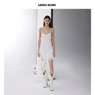 【明星同款】LEDIM WANG拼贴蕾丝吊带连衣裙女白色长裙26春夏新款