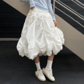 LEDIM 新款 WANG 立体褶皱白色半身裙女A字不规则中长裙2026春季