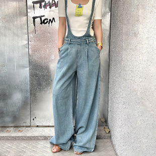 WANG复古低腰线牛仔裤 LEDIM 女显瘦阔腿背带裤 明星同款