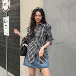 上衣2026春新款 LEDIM 长袖 女藏青色格纹撞色修身 WANG绑带收腰衬衫