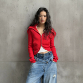 新款 LEDIM 拉链翻领开衫 毛衣外套2026春季 WANG毛针织衫 女红色修身