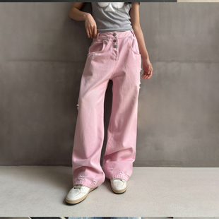新款 LEDIM 2026春季 女纯棉中腰解构百搭长裤 WANG粉色直筒牛仔裤