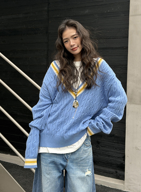 LEDIM WANGV领毛衣蓝色女海军风绵羊毛撞色套头毛衫2026春季新款